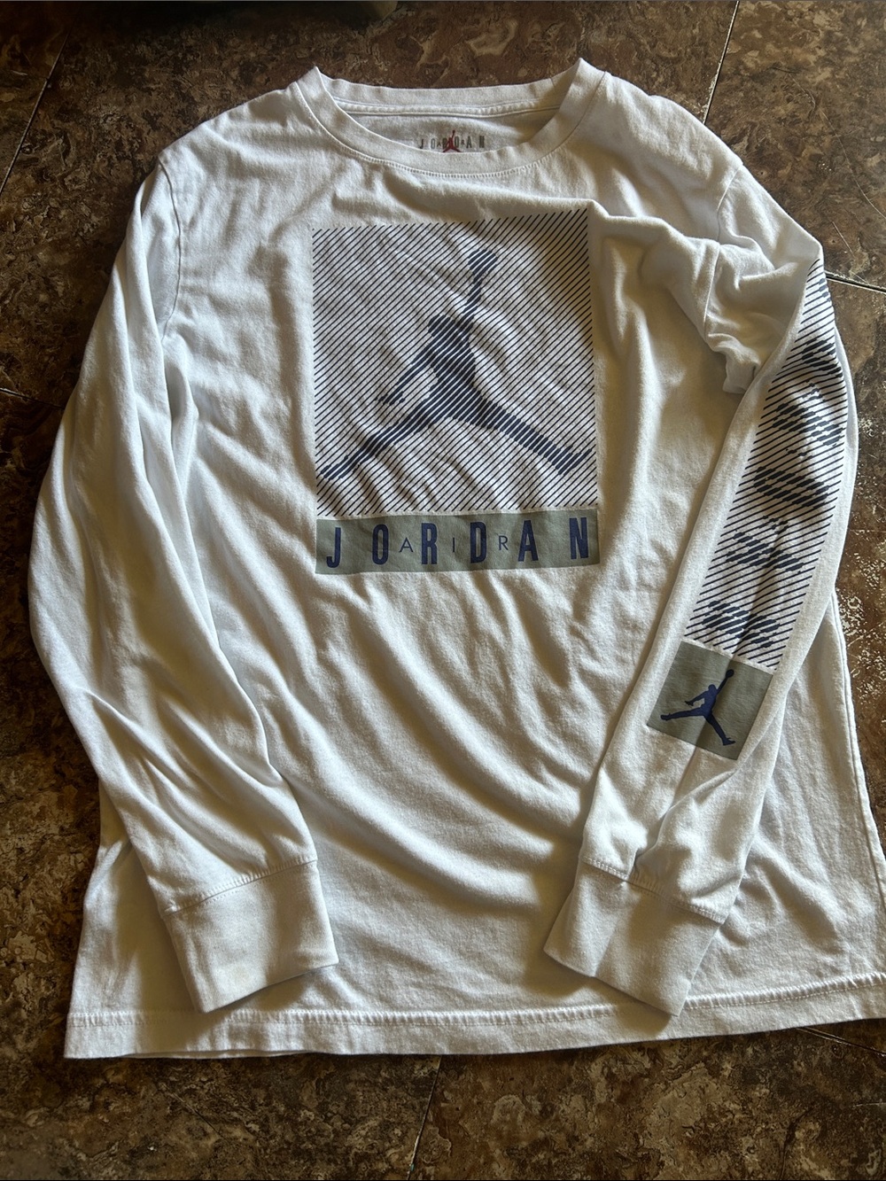 Jordan White Long Sleeve Tee with Navy Graphic